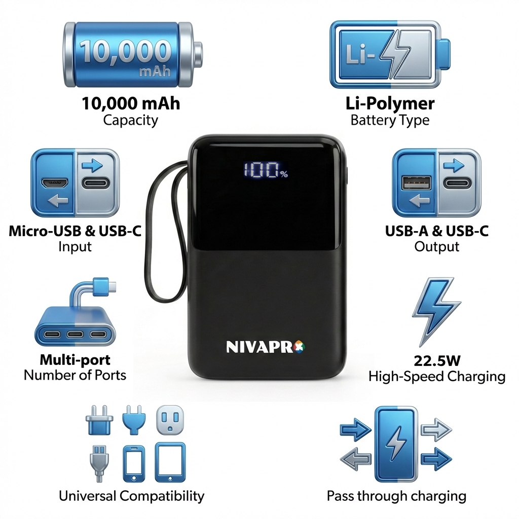 NIVAPRO 10000mAh Power Bank with 22.5W ultrafast Charging, Pass-Through Support, in-Built connectors, Airline Approved, Digital% Display.