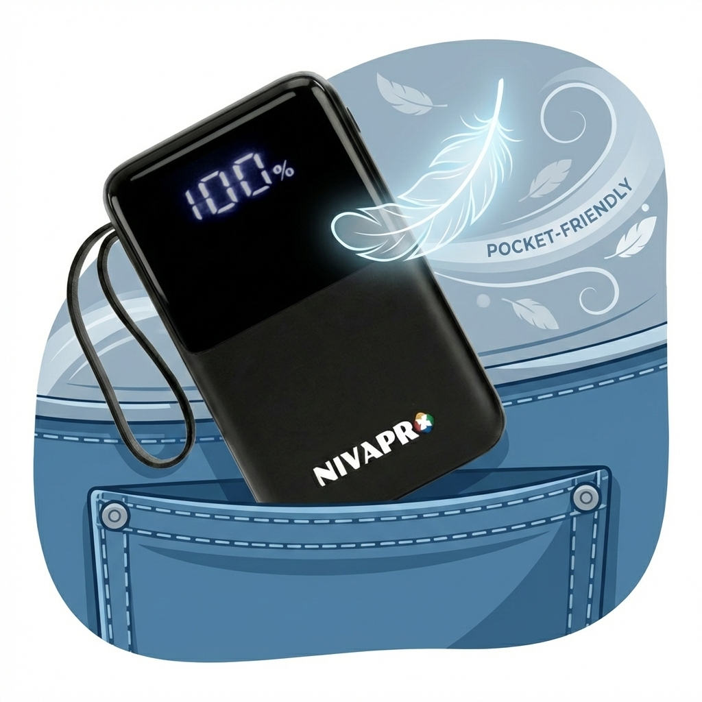 NIVAPRO 10000mAh Power Bank with 22.5W ultrafast Charging, Pass-Through Support, in-Built connectors, Airline Approved, Digital% Display.