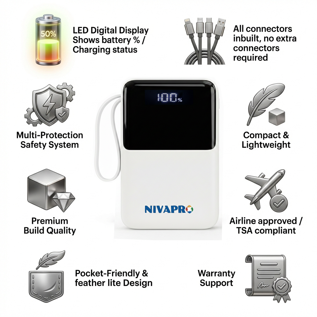 NIVAPRO 10000mAh Power Bank with 22.5W ultrafast Charging, Pass-Through Support, in-Built connectors, Airline Approved, Digital% Display. (Copy)