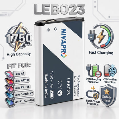 LEB023 Original Battery for Lava A3Lava A1200 Lava KKT 9SLava Captain K2Lava K1, K2, and K3 1750mAh with Warranty by NIVAPRO