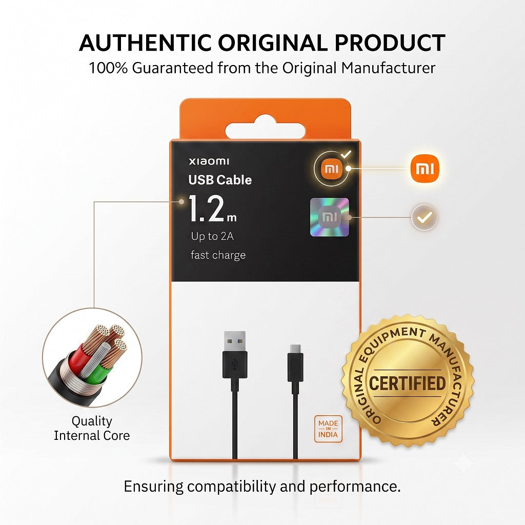 Original XIAOMI USB Cable 1.2M | 2A Fast charge support | 120 cm long length | Fast Data transfer | Study & Durable