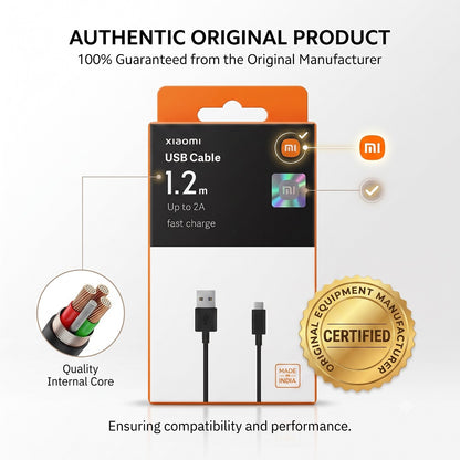 Original XIAOMI USB Cable 1.2M | 2A Fast charge support | 120 cm long length | Fast Data transfer | Study & Durable