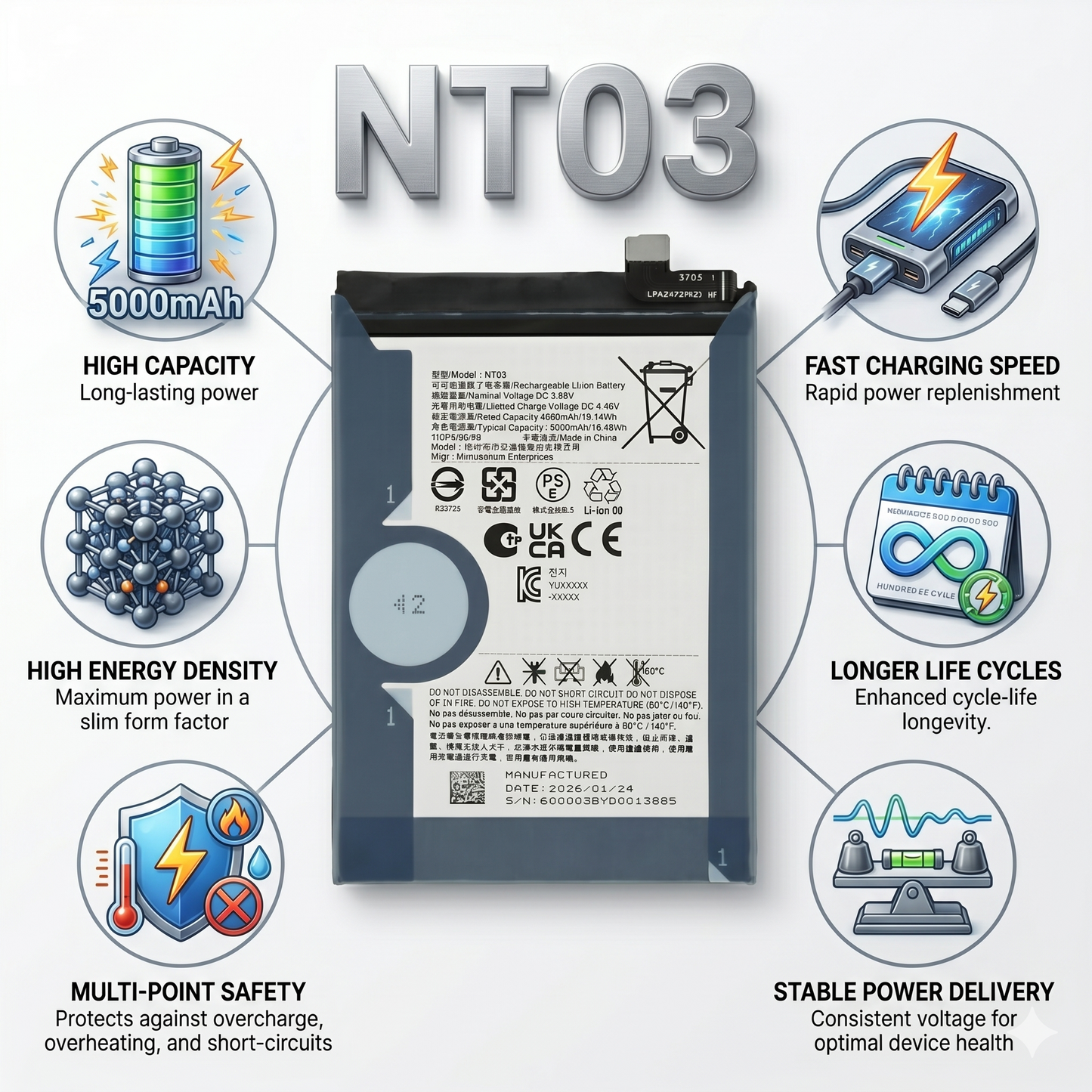 NT03 for  Nothing Phone 02A  5000mAh with Warranty Compatible by NIVAPRO