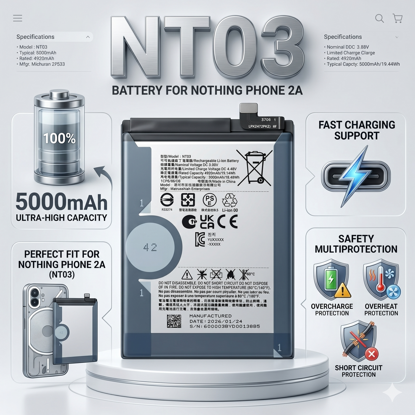 NT03 for  Nothing Phone 02A  5000mAh with Warranty Compatible by NIVAPRO