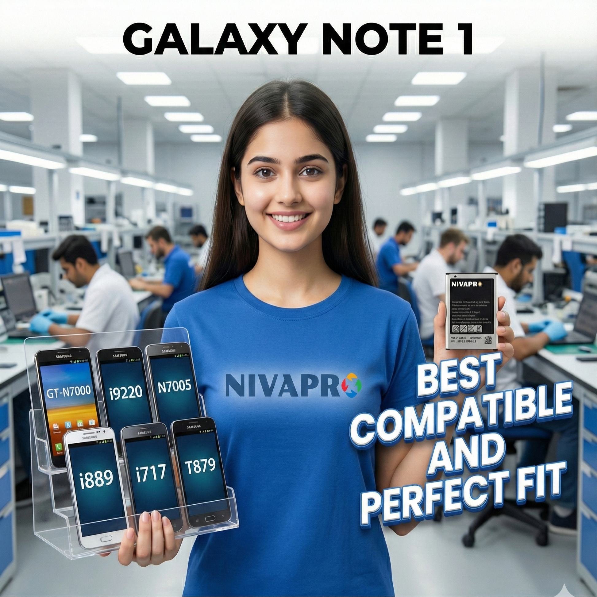 Woman holding multiple smartphones with 'NIVAPRO' branding in a factory setting.