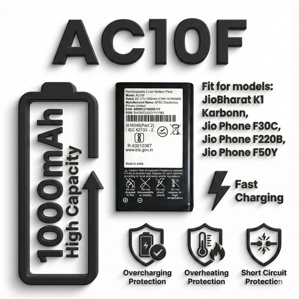 AC10F JIO Bharat V2,BI10F,K1 4G  1000mAh Battery by NIVAPRO