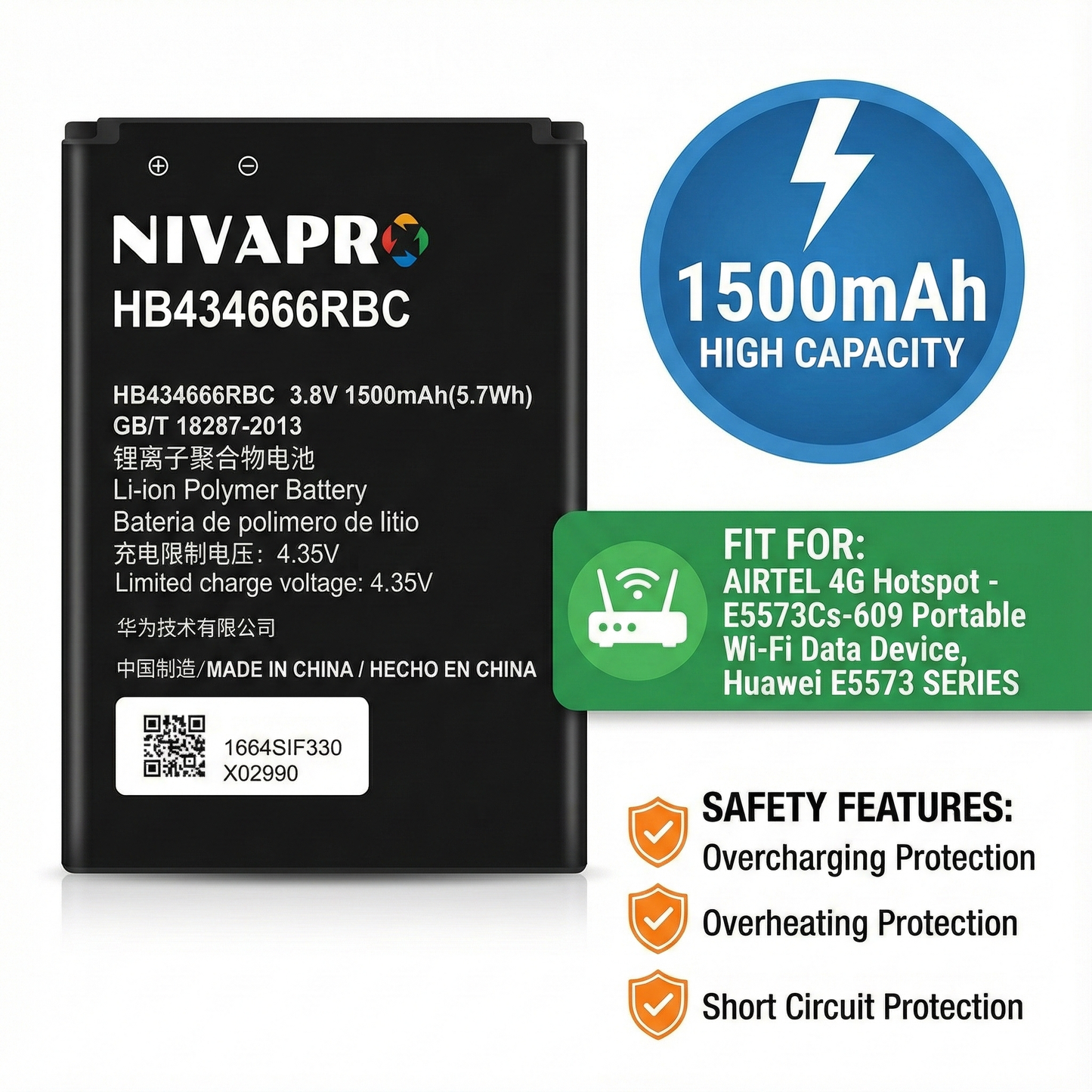 Airtel Wi-Fi Dongle HB434666RBC Huwaei replacement battery by NIVAPRO