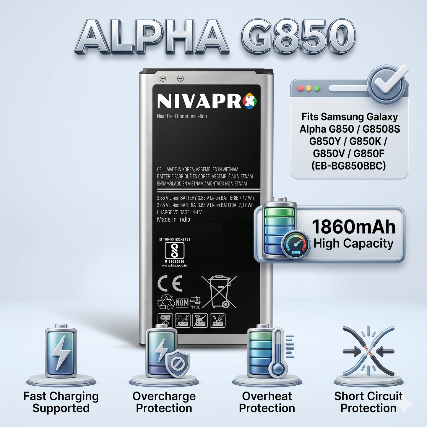 GALAXY ALPHA SAMSUNG EB-BG850BBC G850 | G8508S | G850Y | G850K | G8509V | G850A | G850F compatible 1860mAh by NIVAPRO