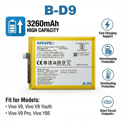 B-D9  for Vivo V9, Vivo V9 Youth, V9 Pro Vivo Y85  Battery 3260mAh by NIVAPRO