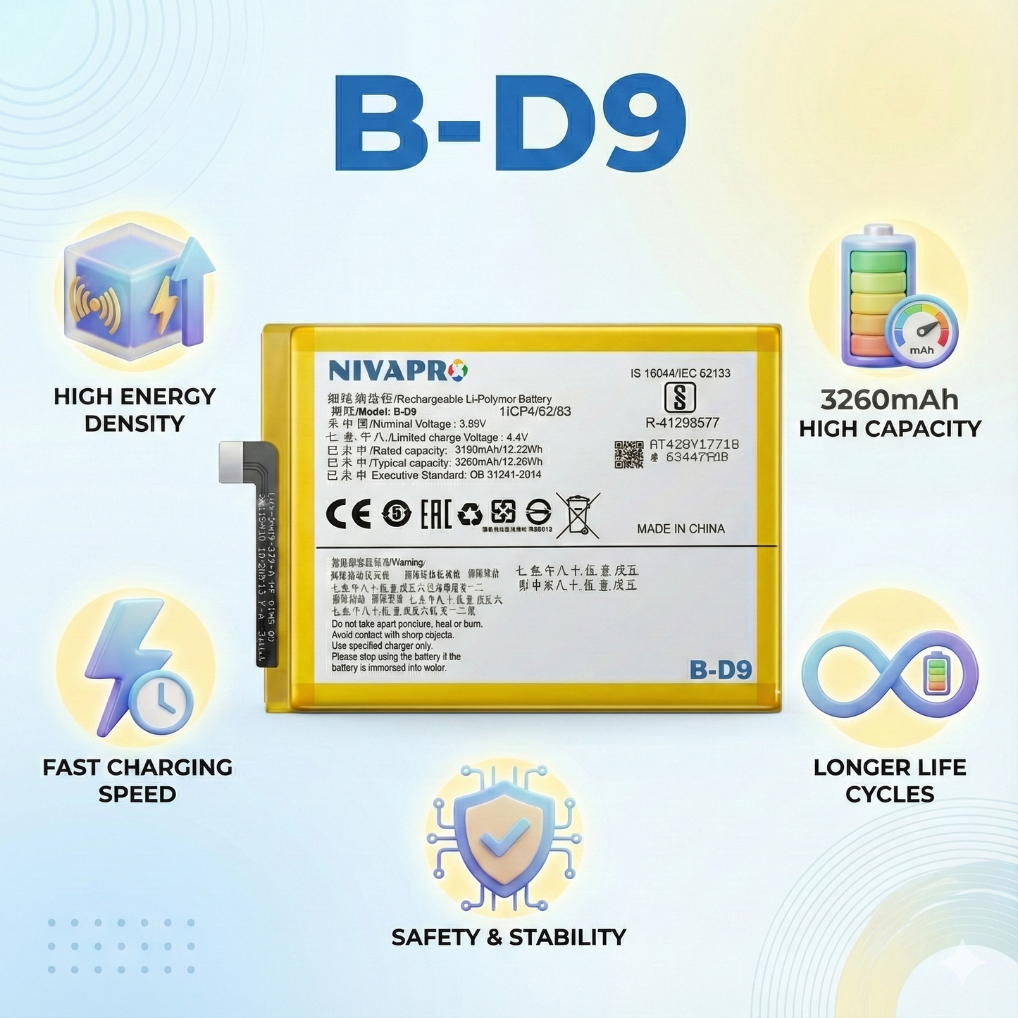 B-D9  for Vivo V9, Vivo V9 Youth, V9 Pro Vivo Y85  Battery 3260mAh by NIVAPRO