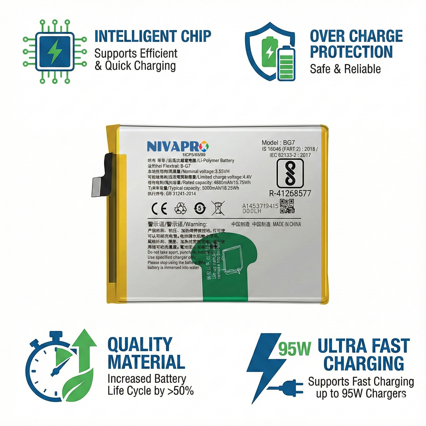 NIVAPRO BG7 Battery for Y12,Y15, Y17, Z1 Pro & U10 Compatible 5000mAh