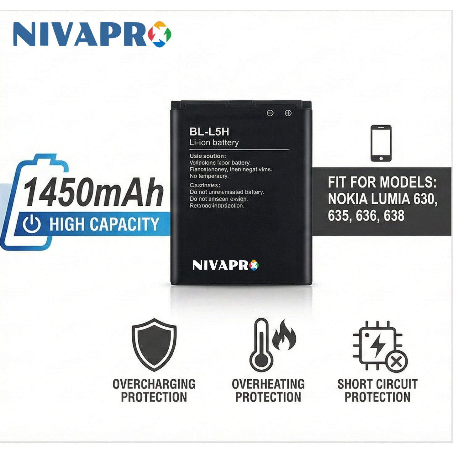 BL-L5H  for Nokia 130 DS, Nokia 150 DS, Nokia 110 4G, Nokia 106 4G, HMD 105 4G, HMD 110 4G Compatible Mobile battery 1450mAh by NIVAPRO