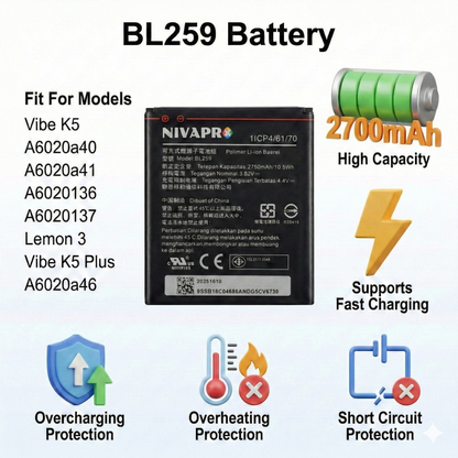 BL259 Mobile battery for Vibe K5, Vibe K5 Plus 2700mAh by NIVAPRO