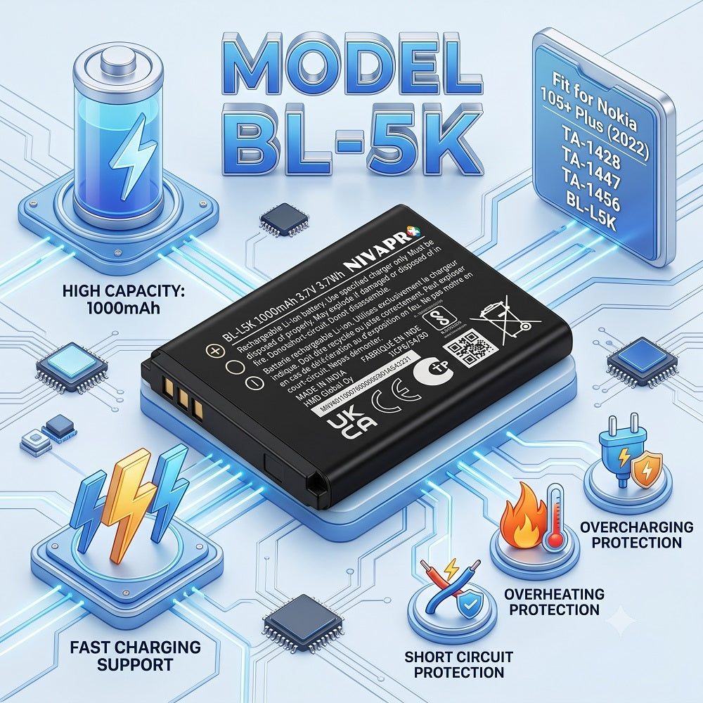 BL-L5K Original Battery for Nokia 105+ Plus 2022 TA-1428, TA-1447, TA-1456 (1000mAH) with Warranty by NIVAPRO