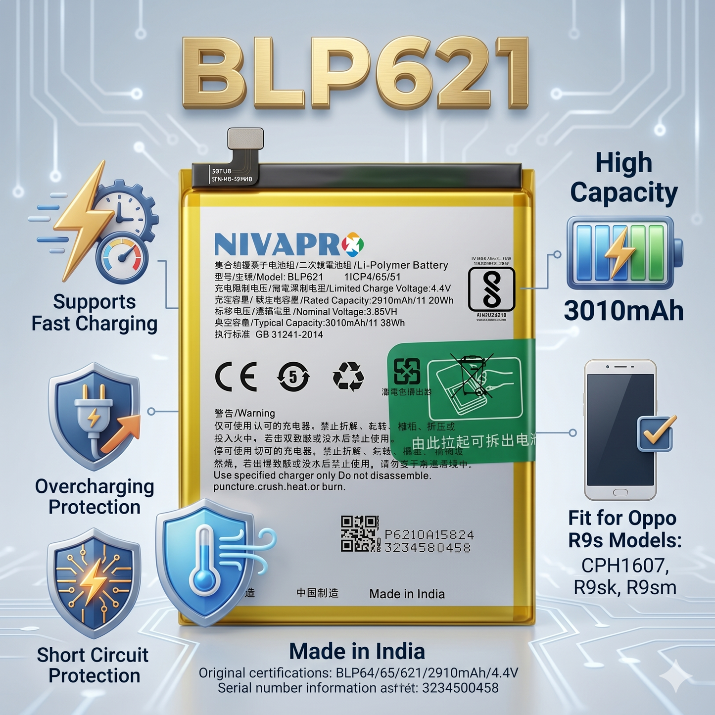 Original BLP621 for Oppo R9s (CPH1607, R9sk, R9sm) 3010mAh Battery with warranty by NIVAPRO