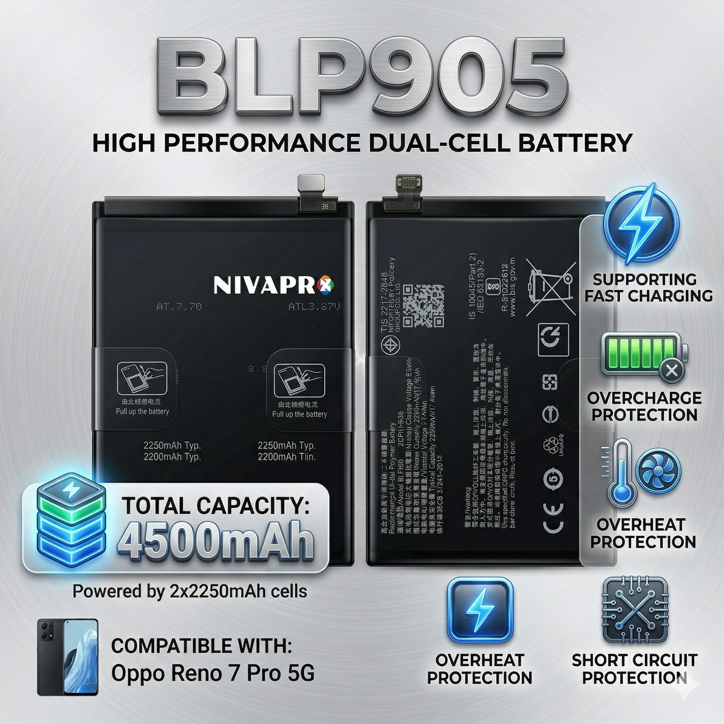 BLP905 for Oppo Reno 7 Pro 5G  4500mAh Battery supports VOOC fast charging with warranty by NIVAPRO