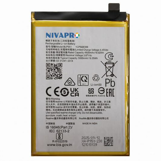 BLP951 for Realme 10 Pro+ 5G (models RMX3687, RMX3686)  5000mAh Battery with warranty by NIVAPRO