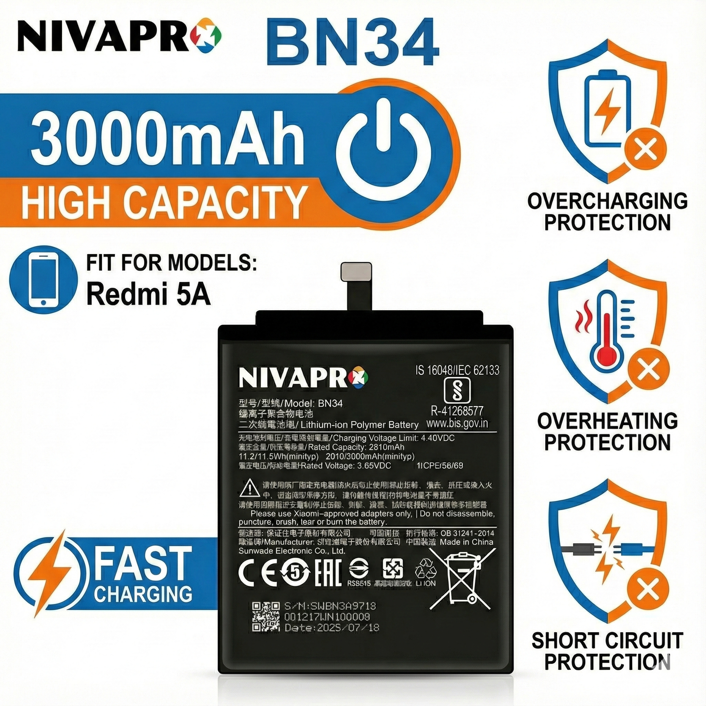 NIVAPRO BN34 Battery for Redmi 5A/5A/MCG3B/MCI3B Compatible 3000mAh