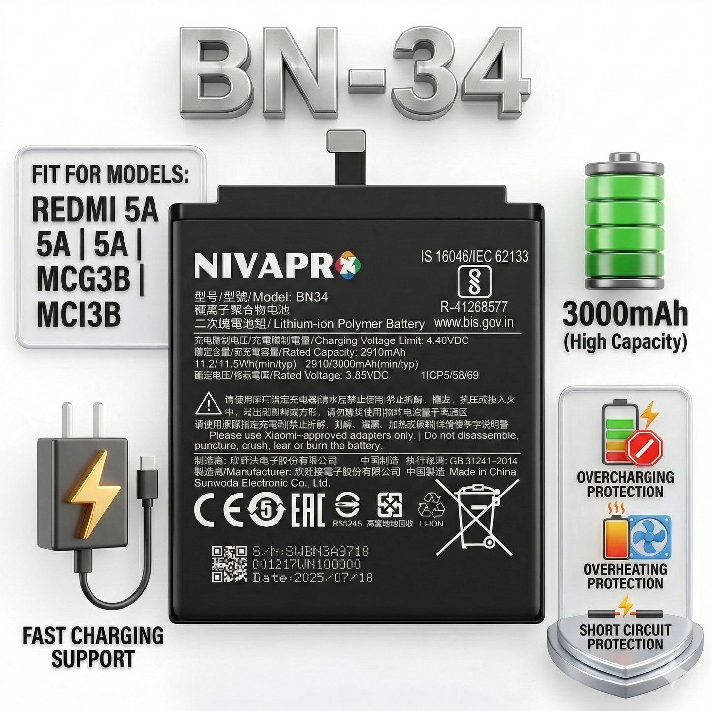 BN34 Redmi 5A/5A/MCG3B/MCI3B Compatible 3000mAh battery by NIVAPRO
