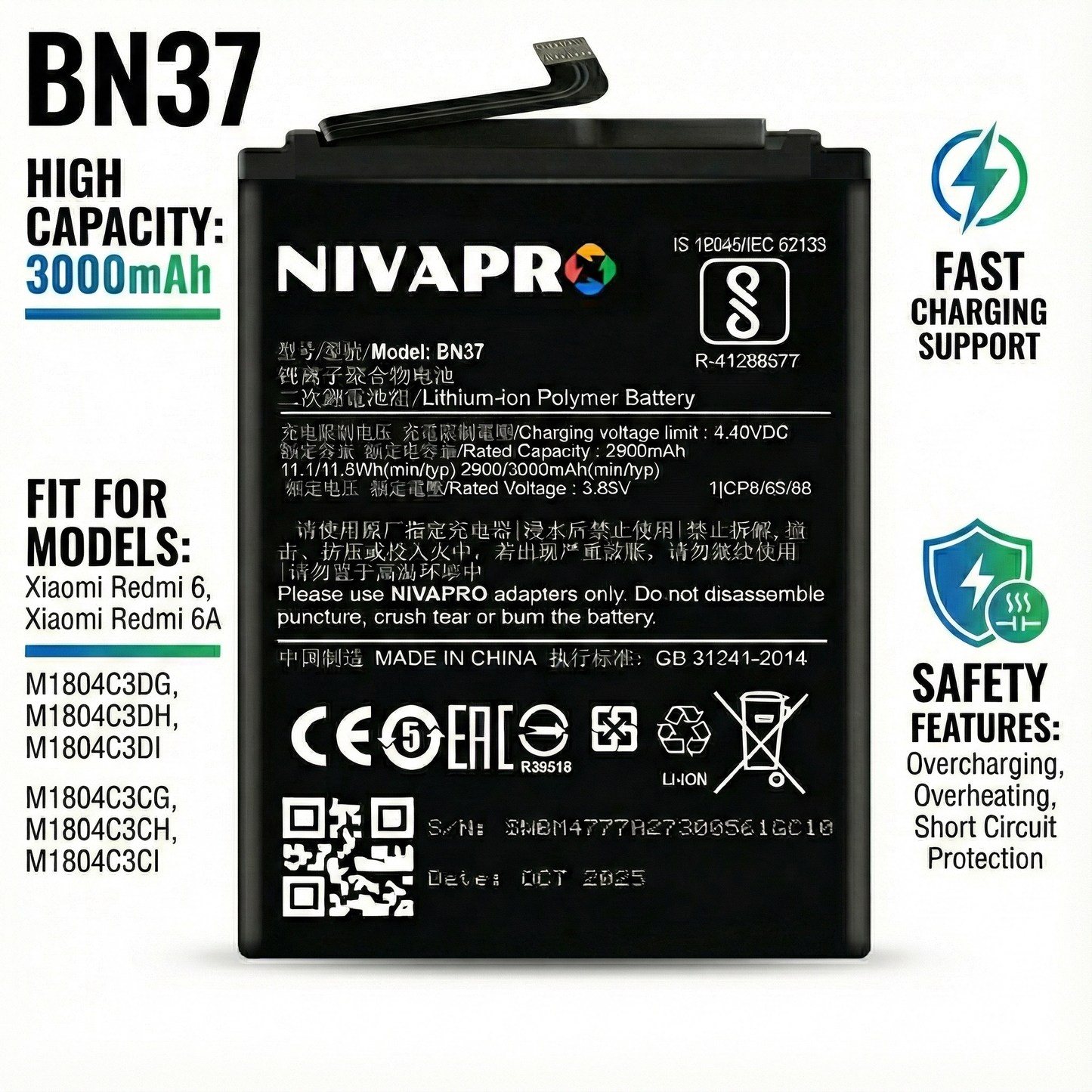 NIVAPRO BN37 Battery Compatible with Xiaomi Redmi 6  / Redmi 6A  3000mAh
