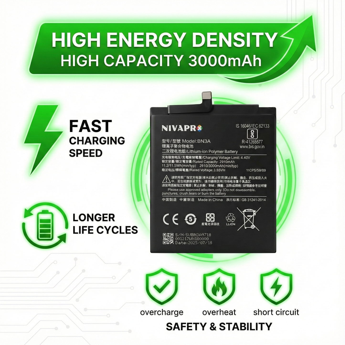 NIVAPRO BN3A 3000mAh Battery