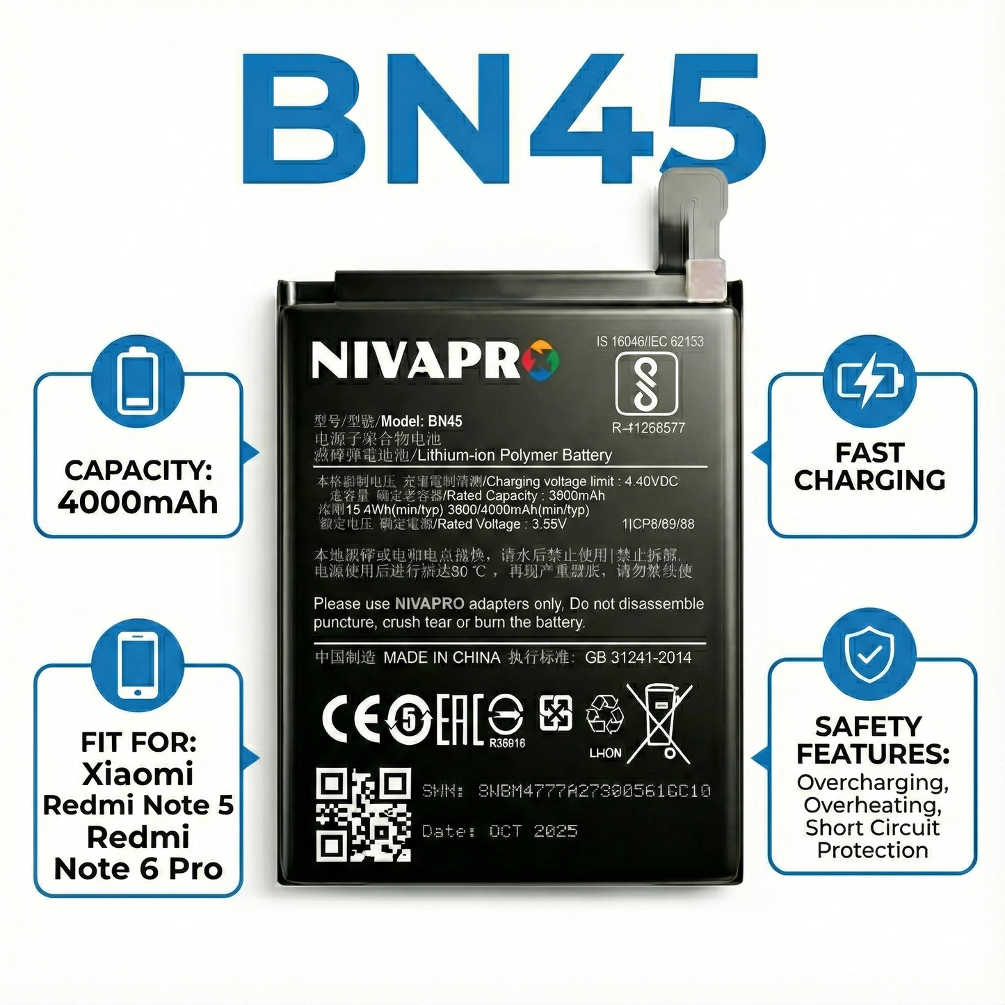 NIVAPRO BN45/BN48 4000mAh Battery
