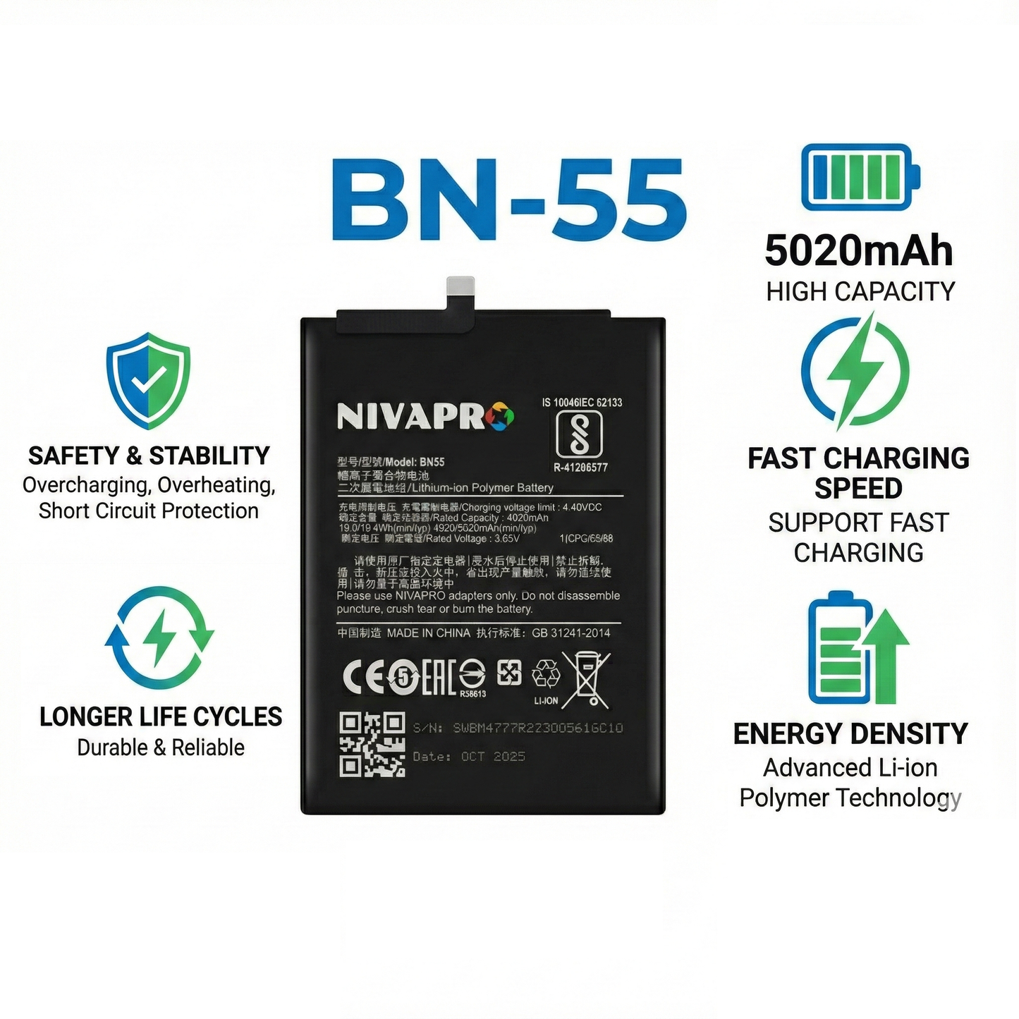NIVAPRO BN55 Redmi Note 9S 5020mAh Battery