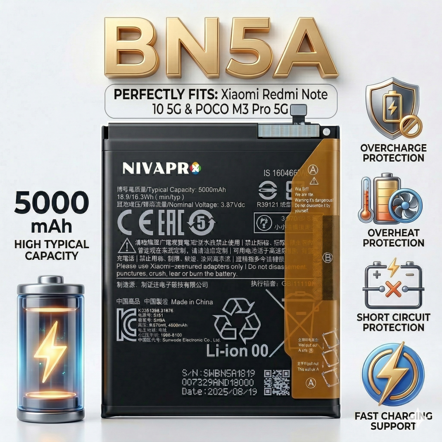 BP5A for  Xiaomi Redmi Note 10 5G & POCO M3 Pro 5G 5000mAh with Warranty Compatible by NIVAPRO