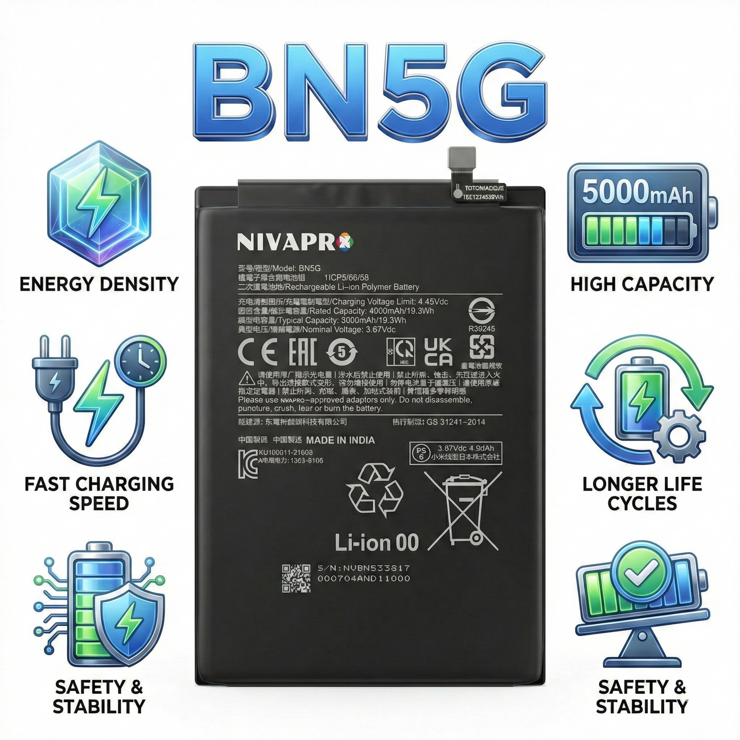 BN5G Compatible for Redmi Note 10A, Redmi Note 10c 5000mAh by NIVAPRO