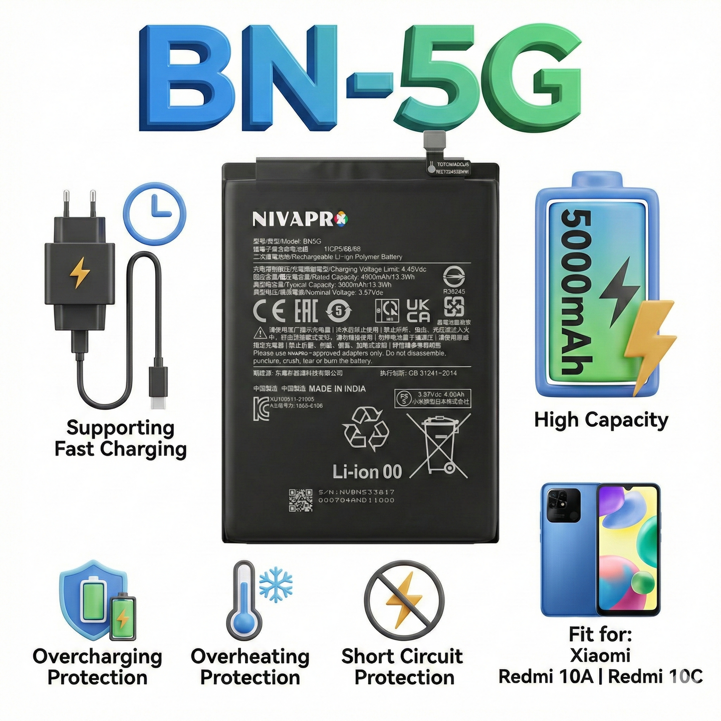 BN5G Compatible for Redmi Note 10A, Redmi Note 10c 5000mAh by NIVAPRO