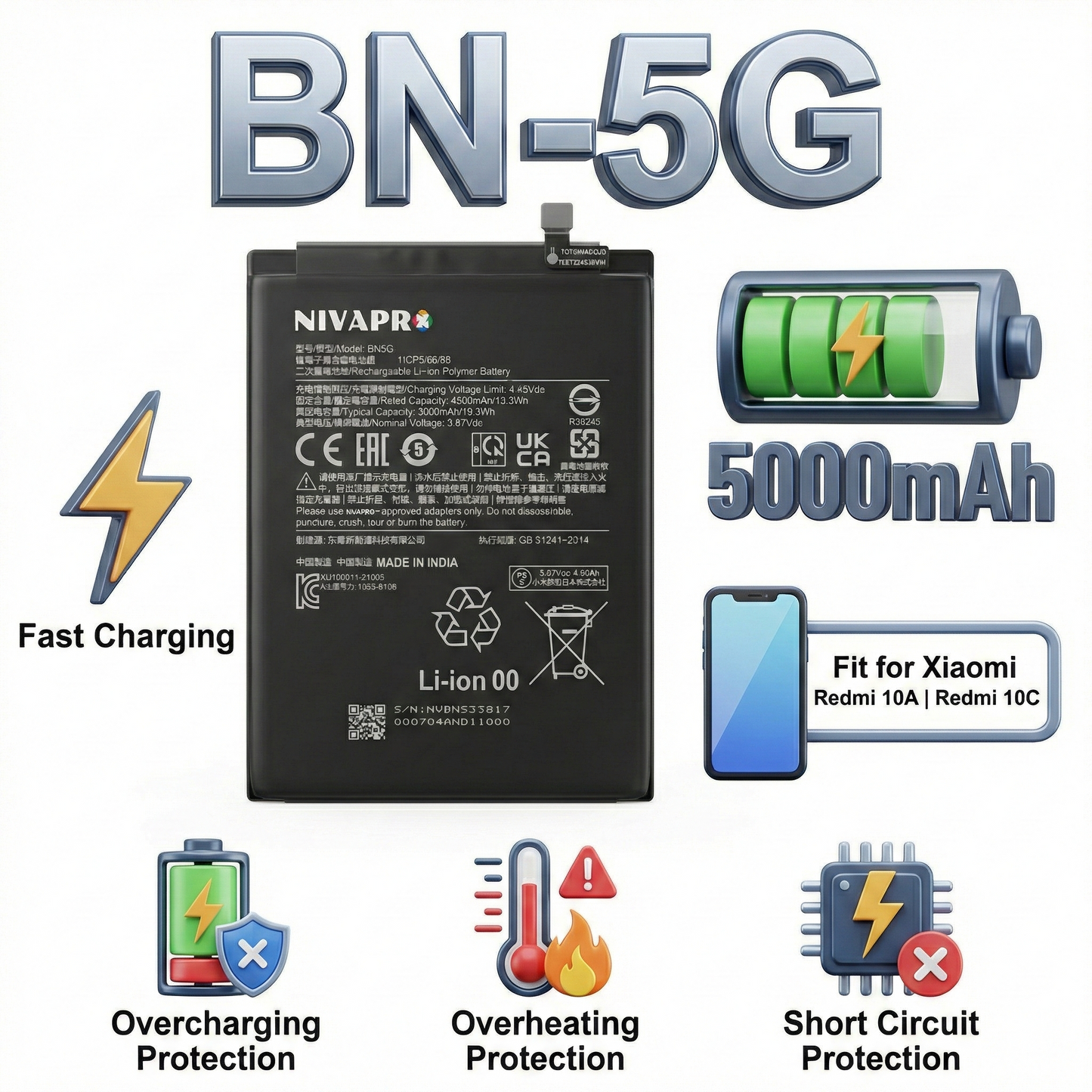 BN5G Compatible for Redmi Note 10A, Redmi Note 10c 5000mAh by NIVAPRO
