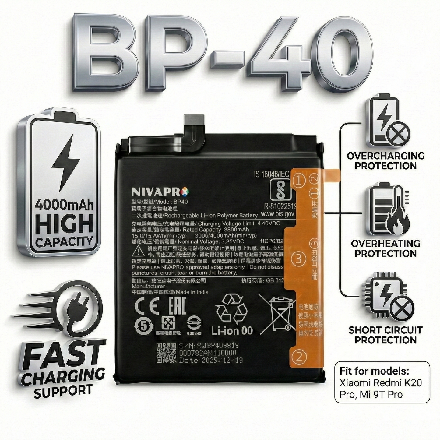 BP40 Compatible for Redmi K20 Pro & Mi 9T Pro 4000mAh by NIVAPRO