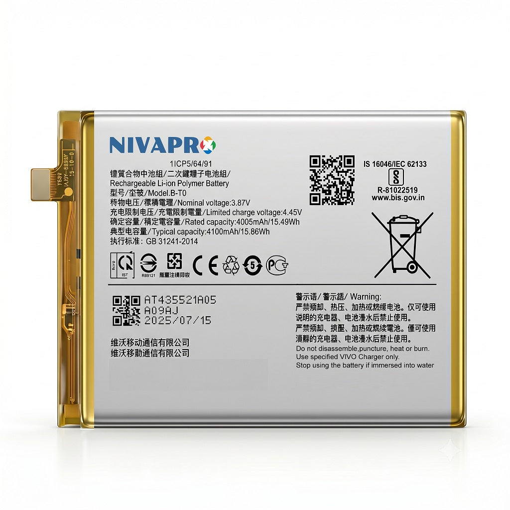 BT0 B-TO for Vivo Y76 5G (Vivo V2124) / Vivo Y76s (Vivo V2156A) smartphone 4100mAh Battery with warranty by NIVAPRO