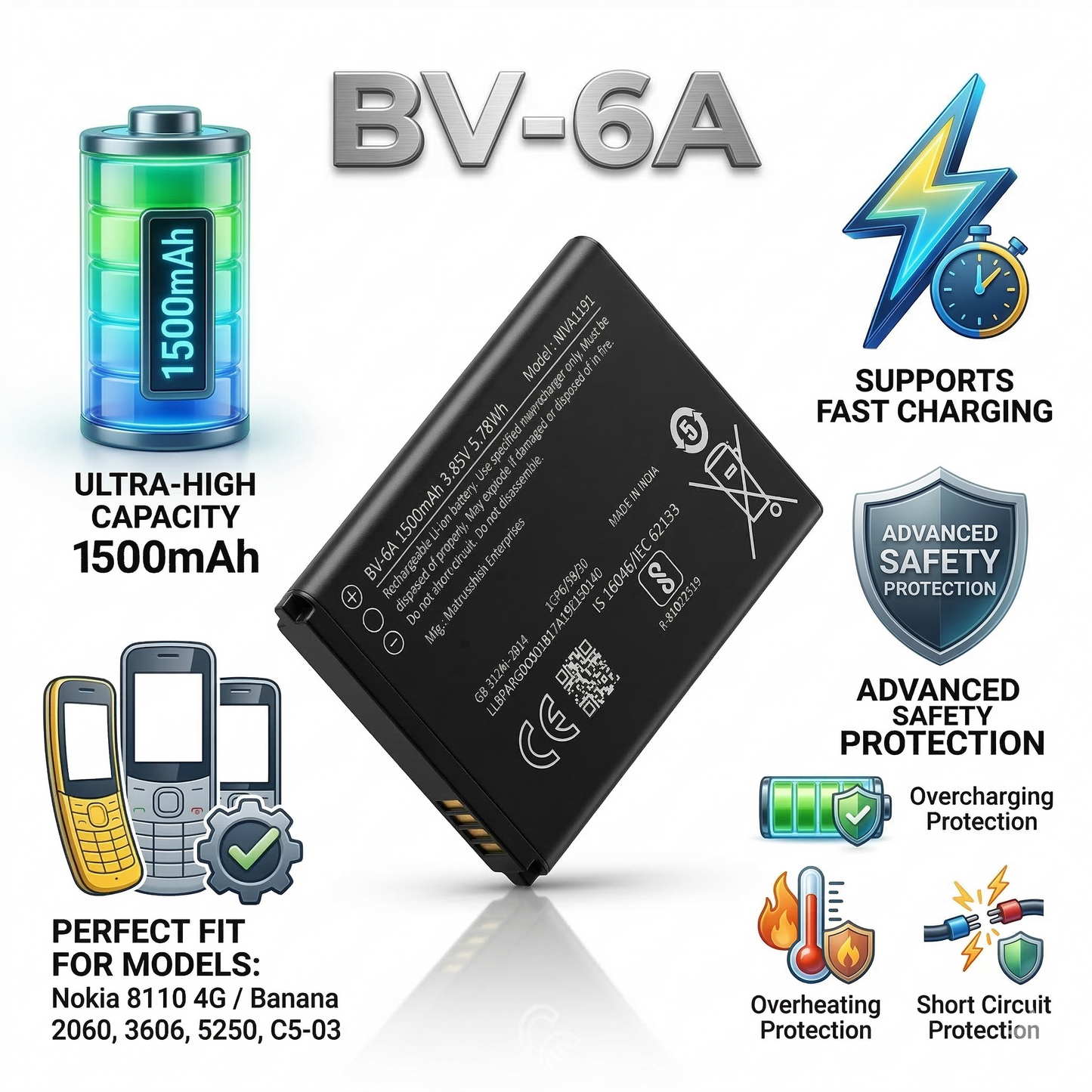 BV-6A Original Battery for  Nokia 8110 4g / Banana 2060 3606 5250 C5-03 (1500mAH) with Warranty by NIVAPRO