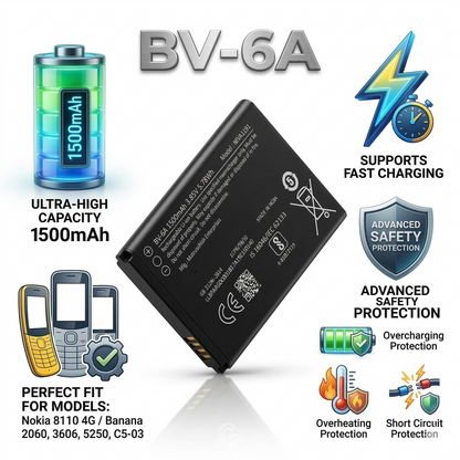 BV-6A Original Battery for  Nokia 8110 4g / Banana 2060 3606 5250 C5-03 (1500mAH) with Warranty by NIVAPRO