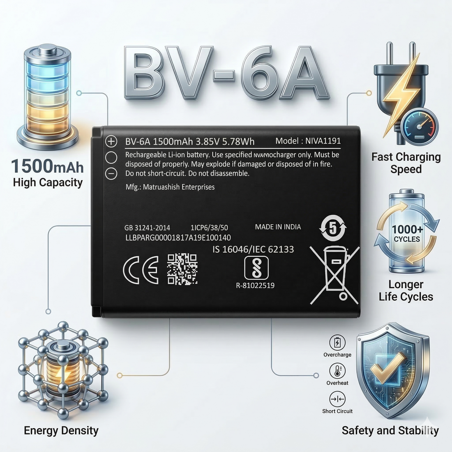 BV-6A Original Battery for  Nokia 8110 4g / Banana 2060 3606 5250 C5-03 (1500mAH) with Warranty by NIVAPRO