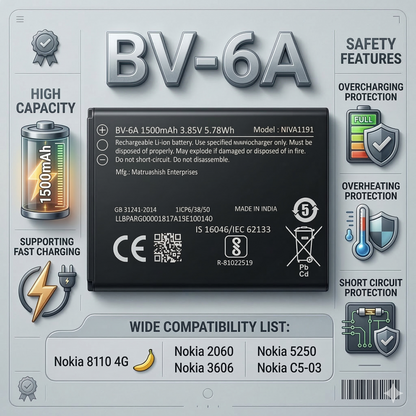 BV-6A Original Battery for  Nokia 8110 4g / Banana 2060 3606 5250 C5-03 (1500mAH) with Warranty by NIVAPRO
