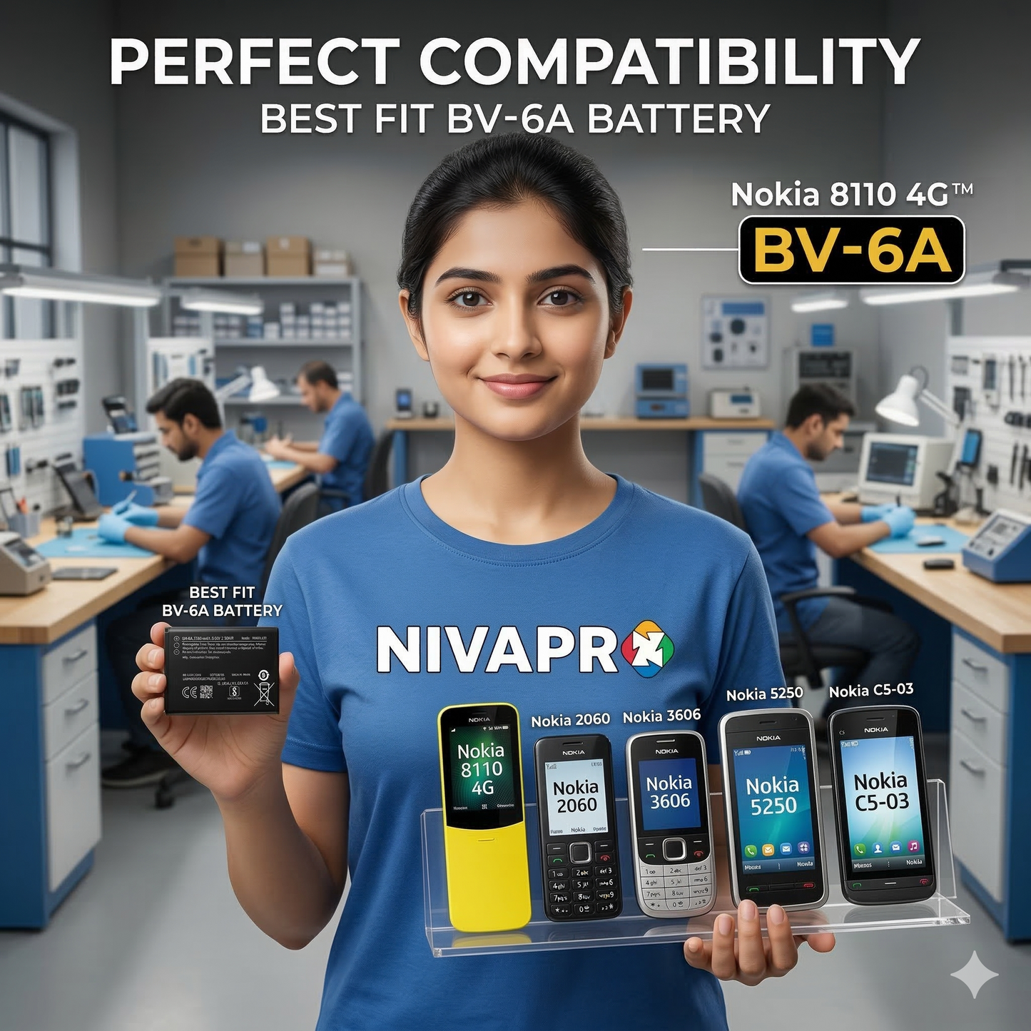 BV-6A Original Battery for  Nokia 8110 4g / Banana 2060 3606 5250 C5-03 (1500mAH) with Warranty by NIVAPRO