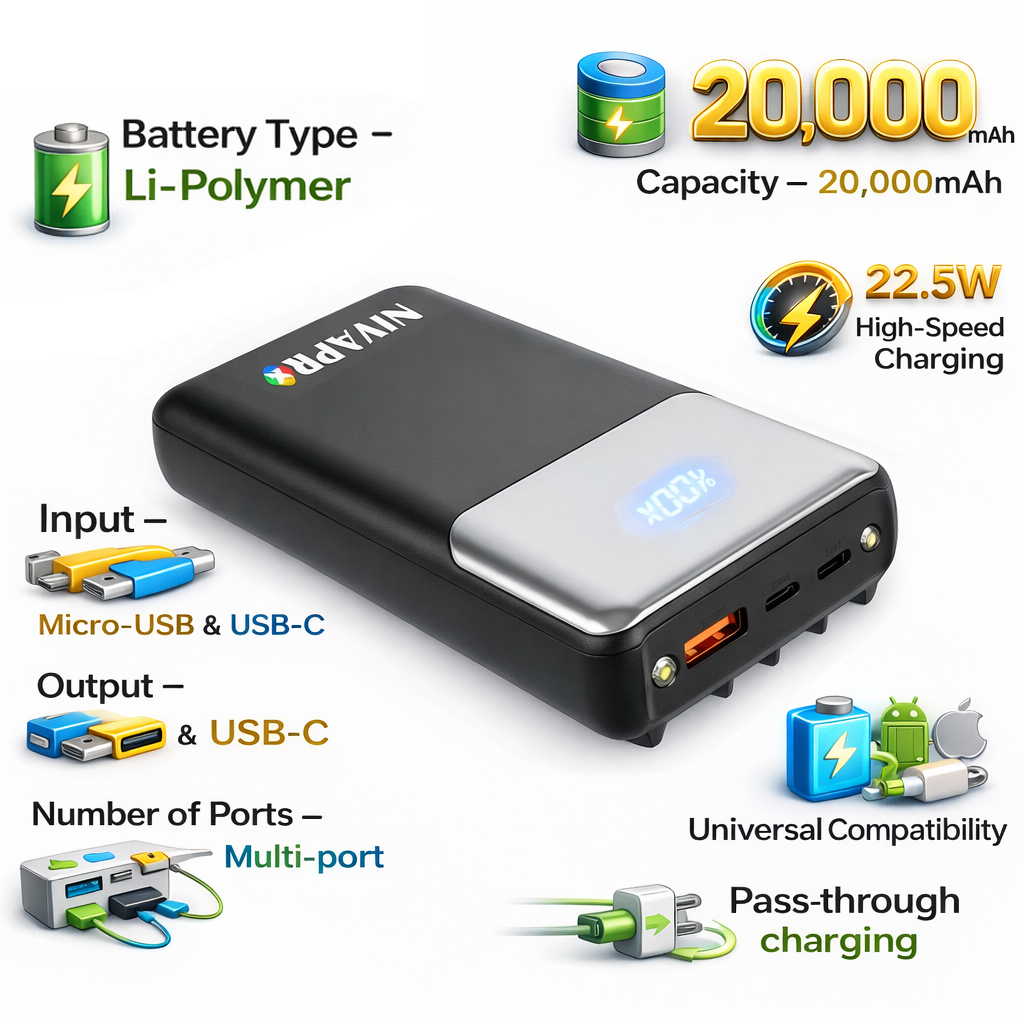 20000mAh Portable Power Bank with 22.5W Ultra Fast Charging, LED Digital Display, Multi-Port USB-A and Type-C Output, All Types of Cables inbuilt, no Extra Charging Cable Required by NIVAPRO