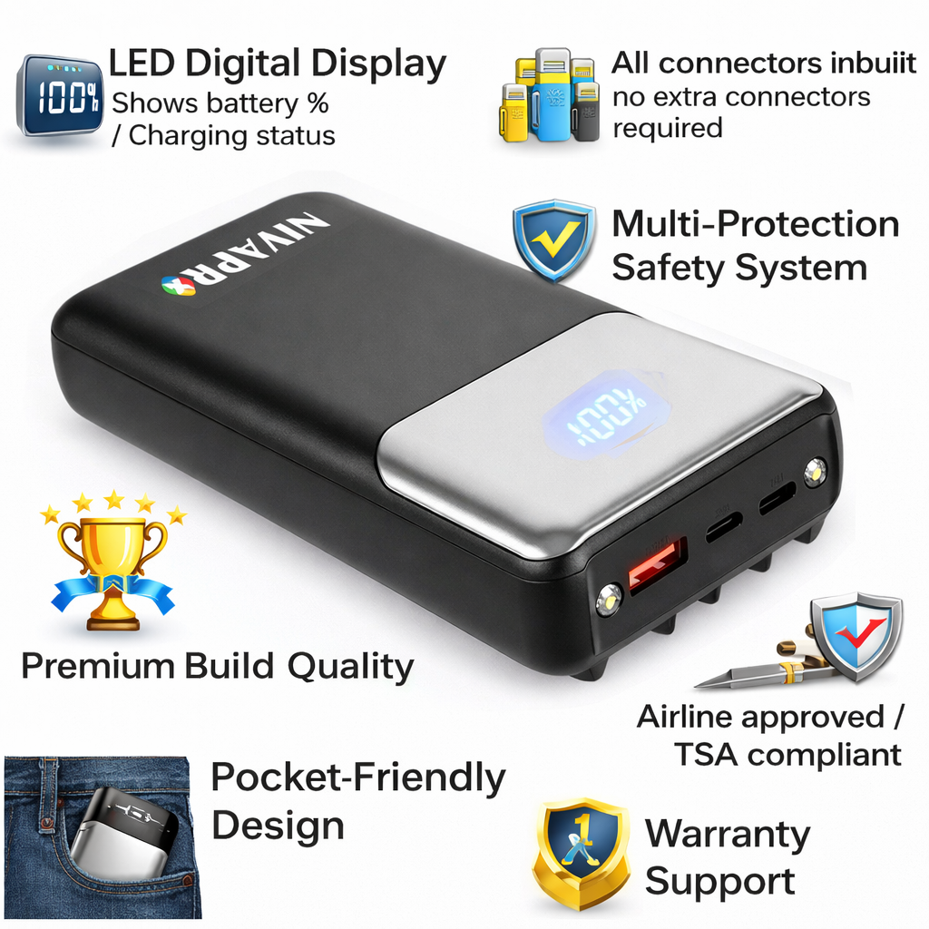 20000mAh Portable Power Bank with 22.5W Ultra Fast Charging, LED Digital Display, Multi-Port USB-A and Type-C Output, All Types of Cables inbuilt, no Extra Charging Cable Required by NIVAPRO