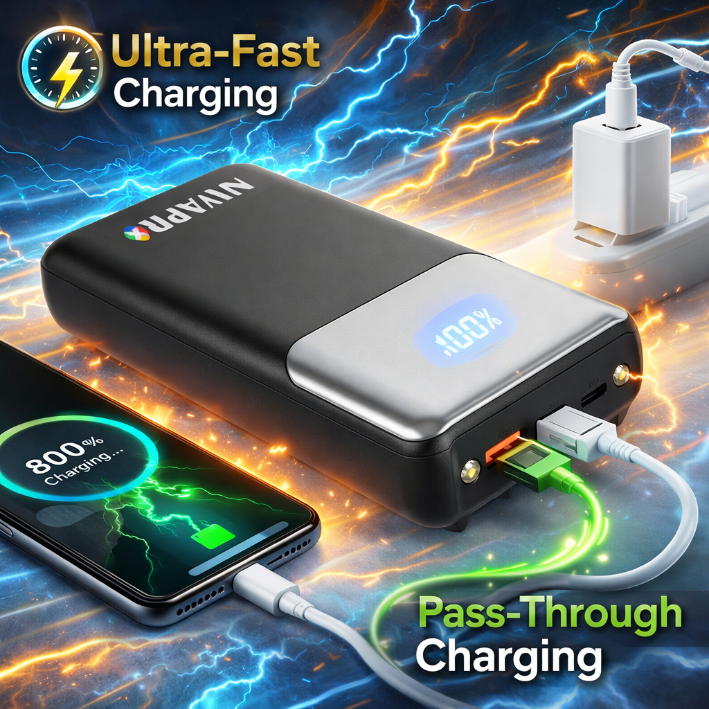 20000mAh Portable Power Bank with 22.5W Ultra Fast Charging, LED Digital Display, Multi-Port USB-A and Type-C Output, All Types of Cables inbuilt, no Extra Charging Cable Required by NIVAPRO