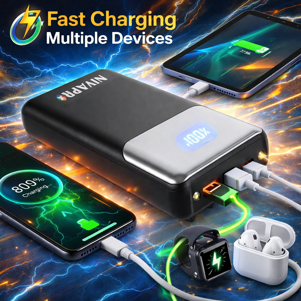 20000mAh Portable Power Bank with 22.5W Ultra Fast Charging, LED Digital Display, Multi-Port USB-A and Type-C Output, All Types of Cables inbuilt, no Extra Charging Cable Required by NIVAPRO