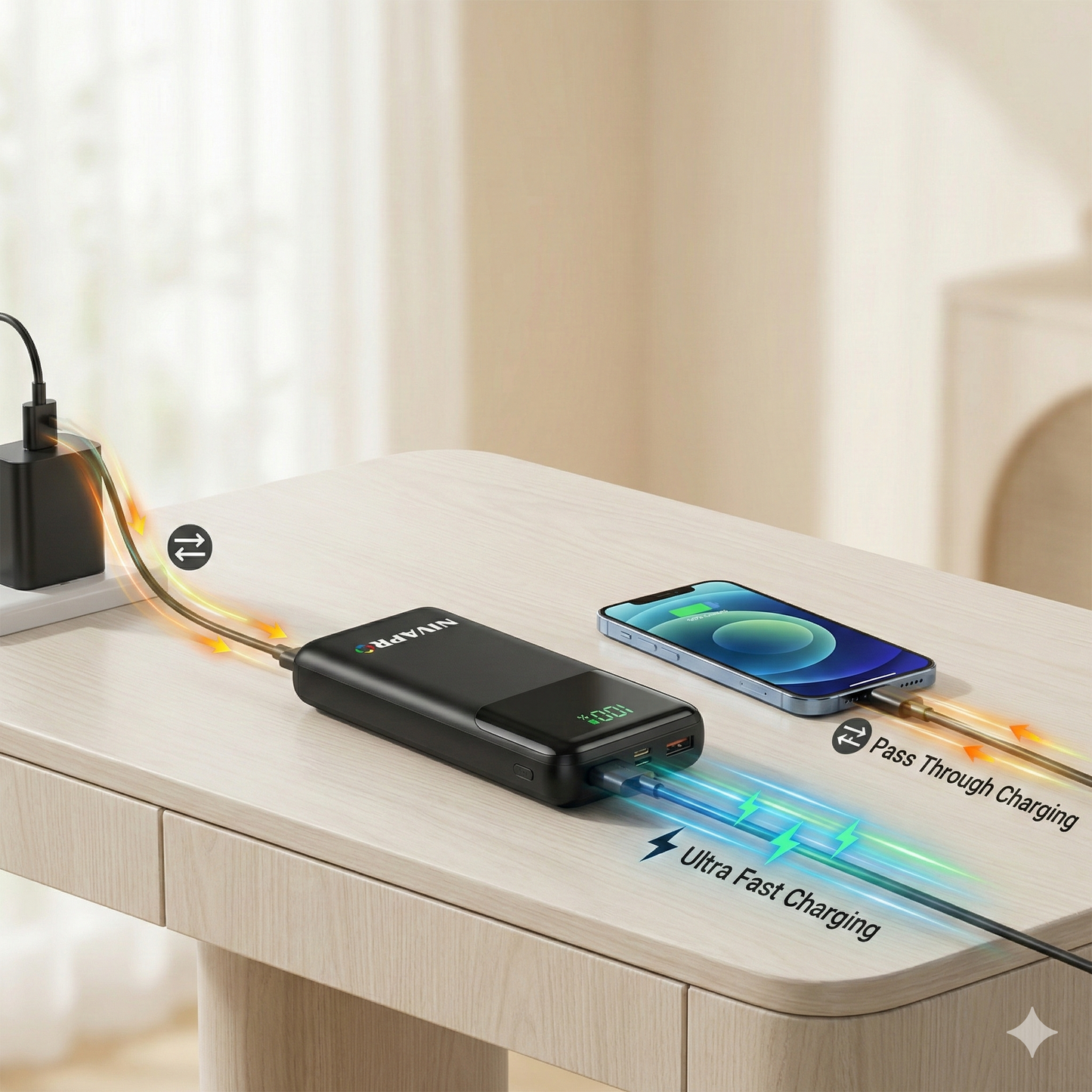 10000mAh Power Bank with 22.5W ultrafast Charging, Pass-Through Support, in-Built connectors, Airline Approved, Digital% Display.