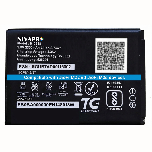 NIVAPRO H12348 FOR wifi 4g router, m2s fi2 , jiofi2 m2, 2300mAh | 8.74wh | 3.8v Battery