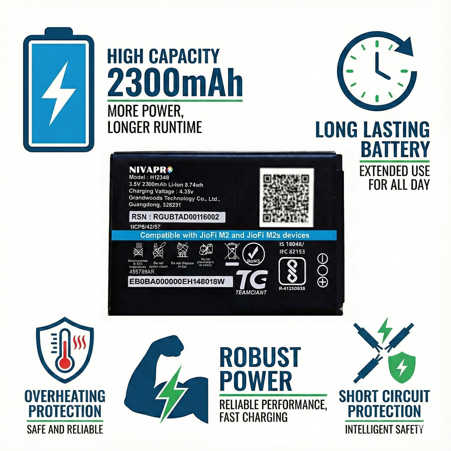 H12348 FOR wifi 4g router, m2s fi2 , jiofi2 m2, 2300mAh | 8.74wh | 3.8v Battery by NIVAPRO