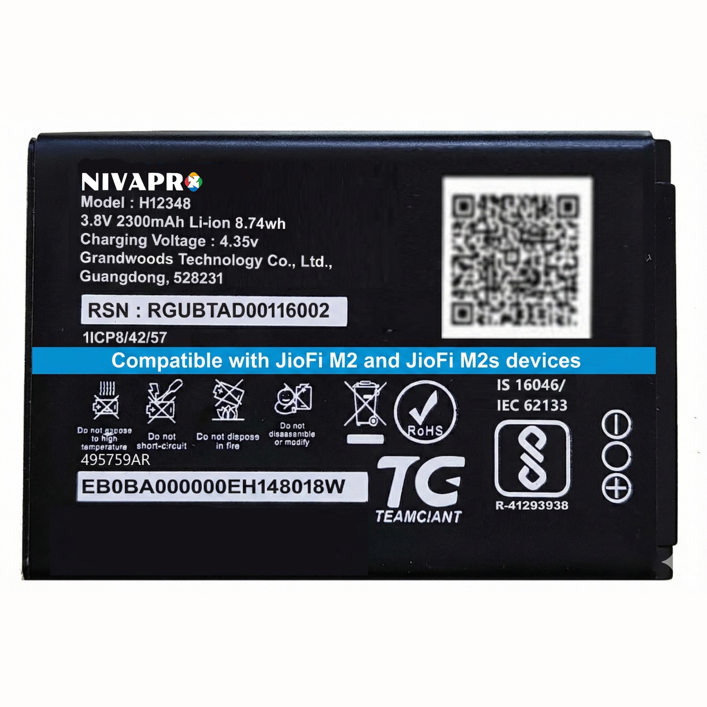 H12348 FOR wifi 4g router, m2s fi2 , jiofi2 m2, 2300mAh | 8.74wh | 3.8v Battery by NIVAPRO