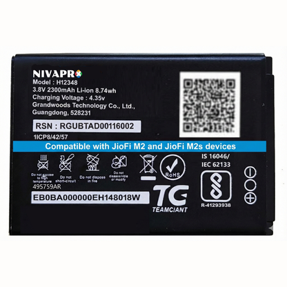 H12348 FOR wifi 4g router, m2s fi2 , jiofi2 m2, 2300mAh | 8.74wh | 3.8v Battery by NIVAPRO