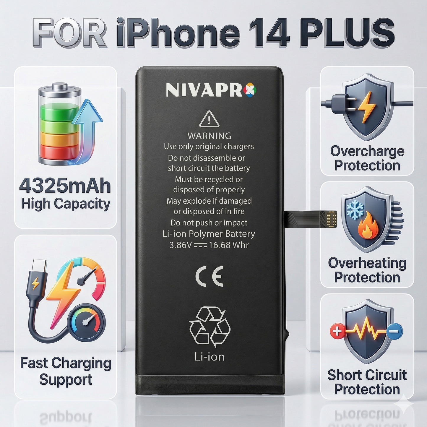 14 Plus Iphone battery 4325mAh  compatible with 6 Months warranty by NIVAPRO