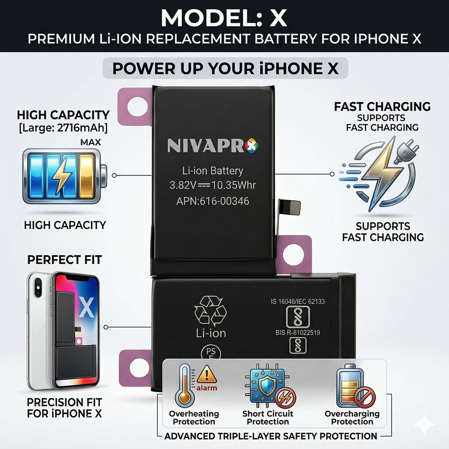 X iphone battery compatible by NIVAPRO 2716mAh with warranty