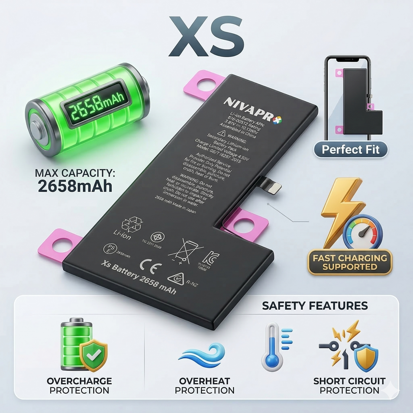 XS iphone battery compatible by NIVAPRO 2658mAh with warranty